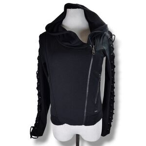 Triple Five Soul Moto Jacket Size S Black Jersey Knit Hooded Lace Up Sleeves